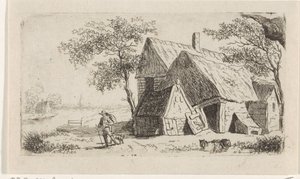 Mann mit Hund bei einem Bauernhof am Wasser von Hendrik Marcus Schouten