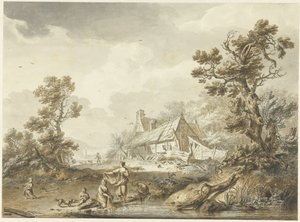 Bauernhof mit waschenden Frauen im Vordergrund