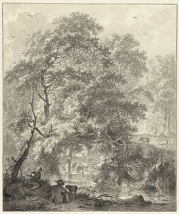 Waldlandschaft mit zwei Jungen und einem Hund, die am Wasser sitzen
