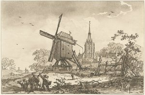 Landschaft mit einer Windmühle und einer Kirche