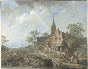 Ernte bei einem Dorf in einer hügeligen Landschaft von Hendrik Meijer
