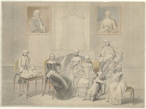 Die Kinder von Pieter Cornelis Hasselaer und Clara Wendela Sautijn, deren Porträts an der Wand hängen, mit ihrer Großmutter Wendela Eleonora Reael