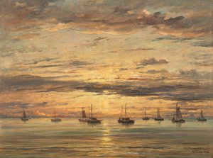 Sonnenuntergang in Scheveningen: Eine Flotte von Fischerbooten vor Anker von Hendrik Willem Mesdag