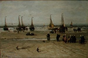 Küstenlandschaft mit Fischerbooten und Fischern
