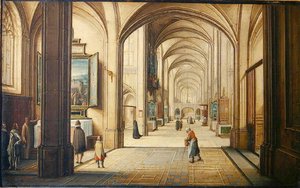 Kircheninneres mit einem Küster, der Besuchern ein Gemälde zeigt, 1608