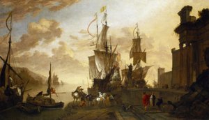 Navigation in Livorno (Italien), zwei Schiffe am Dock festgemacht, idealisierte Beschreibung des Haupthafens der Toskana, des maritimen Kreuzungspunkts zwischen dem Osten und der muslimischen Welt, dargestellt durch das Kamel und nicht-europäische Figuren,