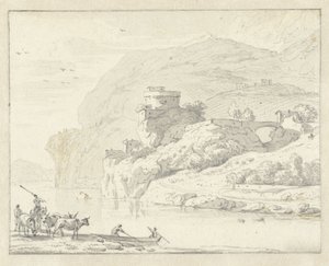Italienische Berglandschaft mit Hirten und Vieh, und zwei Figuren in einem Boot, das den Fluss überquert