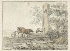 Italienische Landschaft mit Hirte und seinem Vieh und Schafen an einem Brunnen
