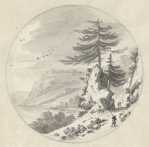 Gebirgige Küstenlandschaft mit einer großen Tanne