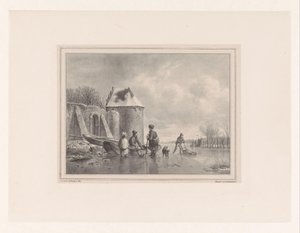 Gefrorener Teich mit Figuren bei Ruderboot und Schlittschuhläufer