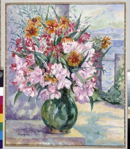 Blumenvase auf Terrasse vor dem Meer, 1941