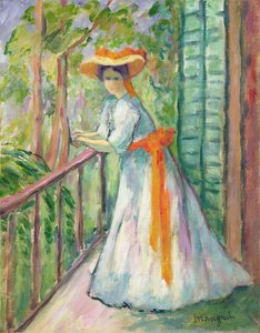 Frau auf einem Balkon, oder Jeanne mit einem orangefarbenen Band