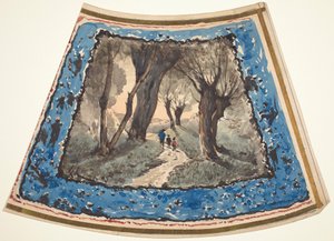 Reisende auf einem bewaldeten Weg mit einer Bordüre aus skurrilen Figuren und Affen von Henri-Joseph Harpignies