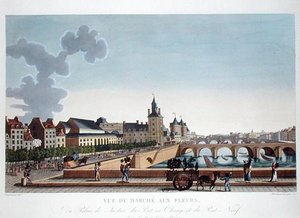 Ansicht des Blumenmarktes beim Palais de Justice, ca. 1816-20 (farbige Gravur)