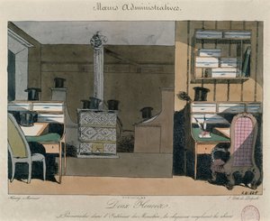 Szene in einem Pariser Büro während der Mittagspause, ca. 1830 (Farbstich)