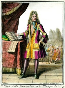Ganzkörperporträt von Jean Baptiste Lully (Giovanni Battista Lulli) (1632-1687) Superintendent der Musik des Königs, Gravur von Henri Bonnart