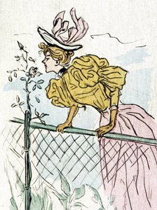 Frau riecht an Rosen