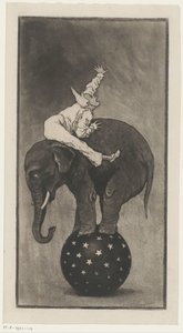 Elefant balanciert auf einem Ball mit einem Mann auf seinem Rücken