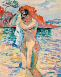 Eine Badende trocknet sich am Meer die Haare von Henri Charles Manguin