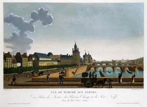 Ansicht des Blumenmarktes, der Wechselbrücke und der neuen Brücke - in „Vues de Paris“ von Courvoisier