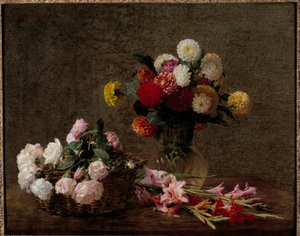 Dahlien und Rosen in einem Korb von Ignace Henri Jean Fantin Latour