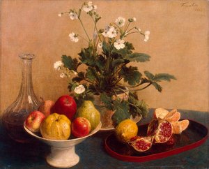 Blumen, Schale mit Früchten und Karaffe, 1865 von Ignace Henri Jean Fantin Latour