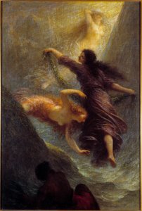 Die Rheintöchter oder Das Rheingold, Darstellung der Nixen, gespielt vom Zwerg Alberich nach Richard Wagners Oper „Das Rheingold“ von Ignace Henri Jean Fantin Latour