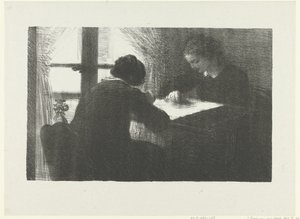 Zwei Frauen sticken am Tisch bei einem Fenster im Innenraum von Ignace Henri Jean Fantin Latour
