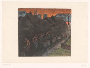 Vier Bergleute schaufeln Kohle in Karren (Les Programmes du Théâtre Libre)