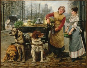 Die Milchmädchen mit Hundewagen auf der De Keyserlei in Antwerpen