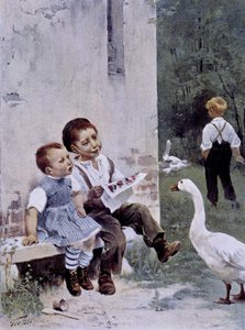 Erziehung: Kinder lesen und Gans beobachtet sie - Illustration von Geoffroy, in „Figaro Illustré“, Mai 1901