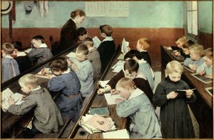 Im Klassenzimmer, die Arbeit der Kleinen. Junge Jungen in Schulblusen studieren in einem Klassenzimmer, einige lesen, andere schreiben in ihre Hefte oder auf Schiefertafeln. Gemälde von Jean Henri Jules Dit Geo Geoffroy (1853-1924)