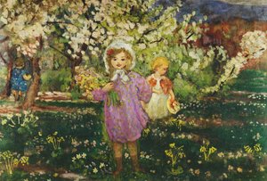 Kinder in einem blühenden Obstgarten, 1914