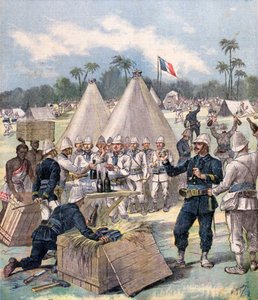 Französische Soldaten öffnen Neujahrsgeschenkboxen in Dahomey, Afrika, 1892