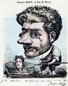 Georges Bizet (1838-1875), französischer Komponist - Karikatur mit Autogramm von Bizet, von Henri Meyer genannt Reyem (1844-1899) für „Diogene“ von Henri Meyer