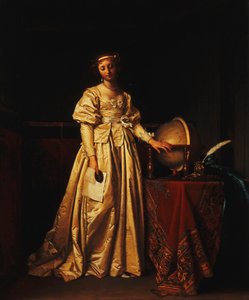Eine Dame in einem Innenraum, in einem gelben Satinkleid, mit einem Globus auf einem Tisch neben ihr, trauert um die Abwesenheit ihres Mannes