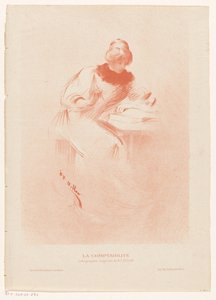 Frau hinter einem Tisch mit einem aufgeschlagenen Buch, eine Feder in der Hand