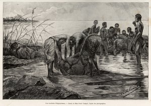Ein Flusspferd-Schlachthaus am Ufer eines zentralafrikanischen Flusses. Gravur von Henri Thiriat zur Illustration der Geschichte „La mission Crampel“ von Albert Nebout (1862-1939), 1890, in Le tour du Monde 1892, herausgegeben von Edouard Charton (1807-189 von Henri Thiriat