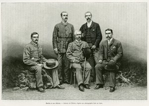 Porträt von Henry Morton Stanley (John Rowlands 1841-1904) mit seinen Offizieren: Dr. Thomas Heazle Parke, Robert H. Nelson, William G. Stairs und Arthur J. M. Jephson. Gravur von Thiriat, zur Illustration der Geschichte 