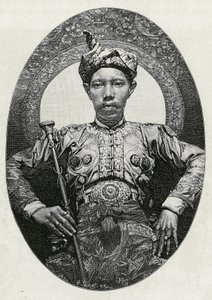 Porträt von Mohammed Yamalul Alam, Sultan von Sulu (Philippinen), 1880. Gravur von Thiriat, zur Illustration der Geschichte „Reise auf die Philippinen“. von Henri Thiriat