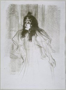 Porträt von May Belfort (May Egan) mit zwei Figuren und einem Klavier