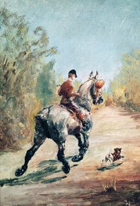 Trabender Reiter mit einem kleinen Hund, 1879