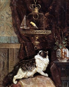 Katze beobachtet einen Vogel im Käfig - von Henriette Ronner von Henriëtte Ronner Knip