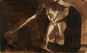 Macbeth und die drei Hexen, die ihm den bewaffneten Kopf zeigen