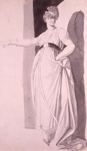 Junge Frau mit aufwendiger Frisur, die mit ausgestrecktem rechten Arm steht (Bleistift & Waschung) von Johann Heinrich Füssli