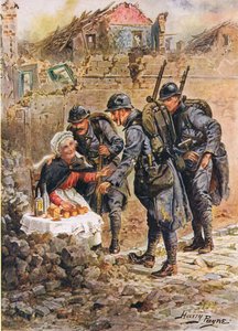 Eine alte Frau verkauft Kuchen zwischen den fallenden Häusern von Verdun, Illustration aus Tapfere Taten von tapferen Männern von C. Sheridan Jones, veröffentlicht 1922