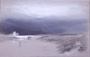 Landschaft mit Fluss und Brücke: Regen kommt auf