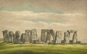 Stonehenge von Nordwesten, zeigt Ruinen mit Mann und Hund, 1824-1839