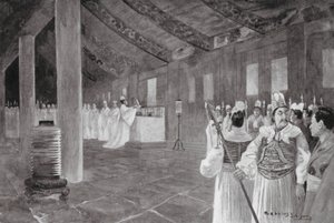 Entfernung einer Tafel aus einem konfuzianischen Tempel (Lithografie)
