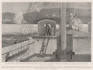 Die ersten Schüsse vom Schiff im Südafrikanischen Krieg, HMS Partridge feuert auf die Buren in der Saldanha-Bucht, Kapkolonie von Henry Charles Seppings Wright